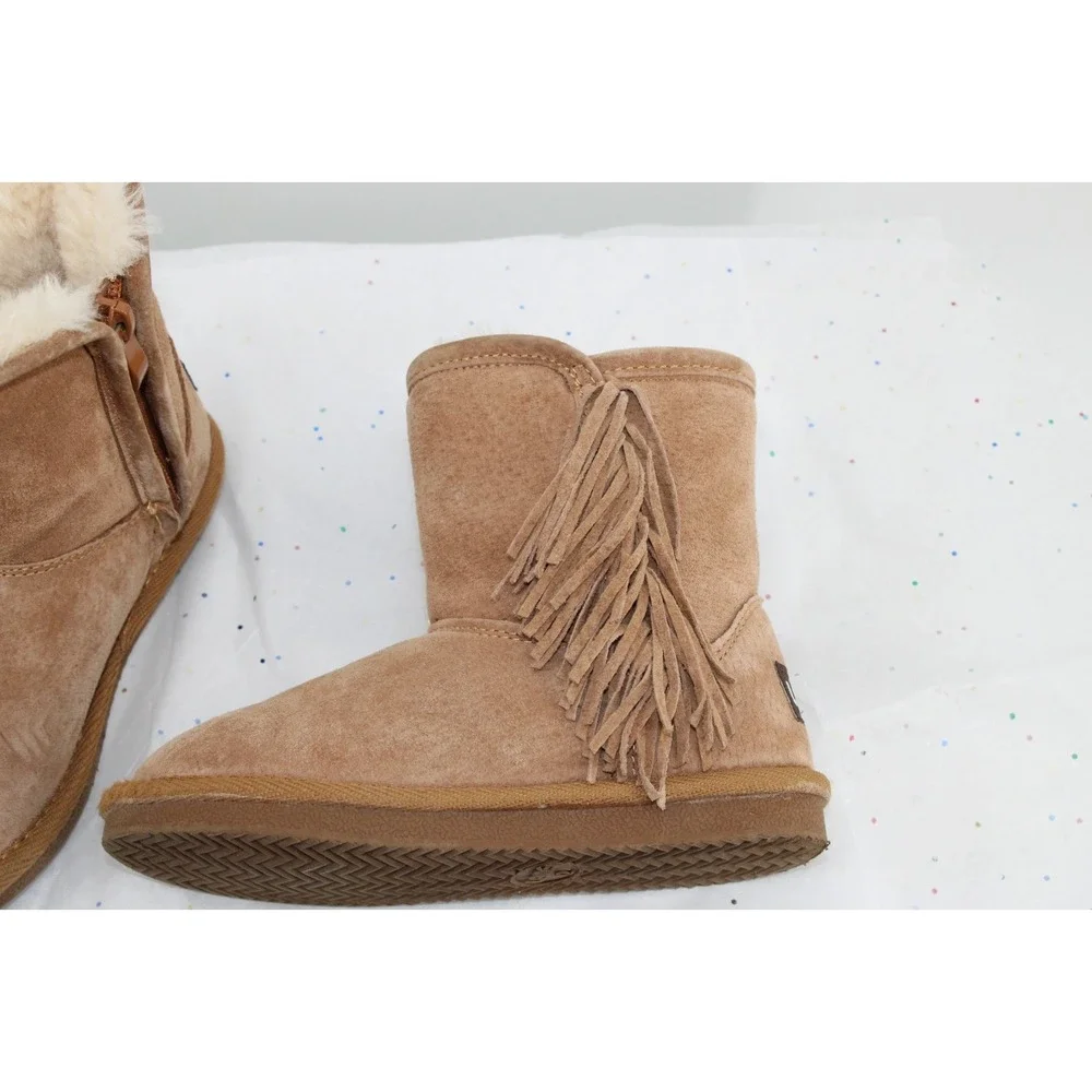 Lamo‎ Kids Suede Fringe Boots Chestnut Brown Faux Fur Lined Size 12 Zip Up